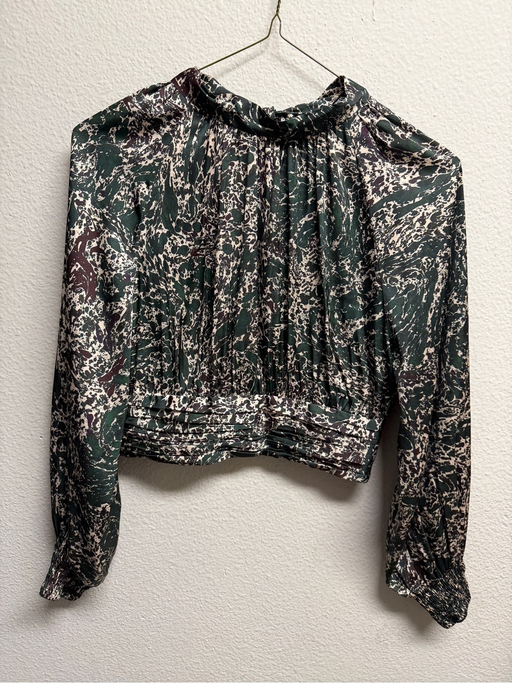 Zara Dark Green Abstract Print Long Sleeve Blouse